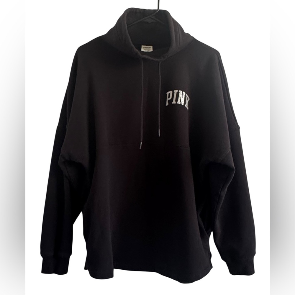 PINK Victoria's Secret Black Varsity Cowl Oversized Logo Sweatshirt Size Medium - Picture 4 of 9